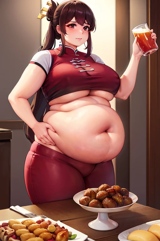 Fat, chubby, large belly, pregnant, obese, very fat, beidou, big belly, very fat, large stomach, chubby (best quality, masterpiece), thanksgiving, wearing sweater, grabbing belly, standing up, table with of food, table tons of food, lots of food, holding belly, table with food, standing, drinking beer