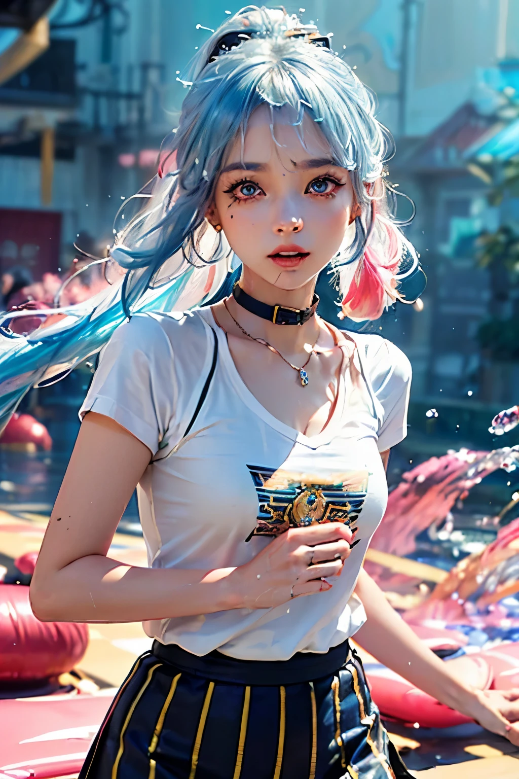 （Pink fashion T-shirt：1.9），Blue-white hair, high ponytail（There are two strands of white hair on both sides of the ears，Colored headband），,(((((vertical uniformitying：1.6))), （uniformitying：1.6），street, lights, uniformityings, big eyes, crystal clear eyelue-white high ponytail：1.7）, Exquisite makeup, shut up,(Little fresh: 1.5),(: 1.6) ，long eyelashes, Pink off-bshoulder T-shirt, pink miniskirt，looking at the audience, 水汪汪的big eyes, (rainbow colored hair：1.6), 色彩飞splash, （alone：1.8）, 色彩飞splash, Color explosion, thick uniformity style, Messy lines, ((shining))，(rich and colorful), (rich and colorful), (rich and colorful), rich and colorful, Thick uniformity Style, (splash) (Color splash), Vertical uniformitying, upper part of body, uniformity splash, acrylic paint, slope, uniformity, Highest image quality, best quality, masterpiece, alone, depth of field, Face uniformity, rich and colorful clothes, (elegant: 1.2), gorgeous one,long blue white hair, wind, (elegant: 1.etal: 1.4)，(((masterpiece))),(((best quality))),((Super detailed)),(light),(dynamic angle),((floating)),(uniformity),((disheveled hair)),(alone),(1 girl) , (((Detailed face Beautiful detailed face)),collar,bshoulder,((rich and colorful hair)),((striped hair)),beautiful eyes,(slope color eyes),(((rich and colorful eyes))),(((rich and colorful background))),(((high saturation))),(((surrounded by rich and colorful splashes))),