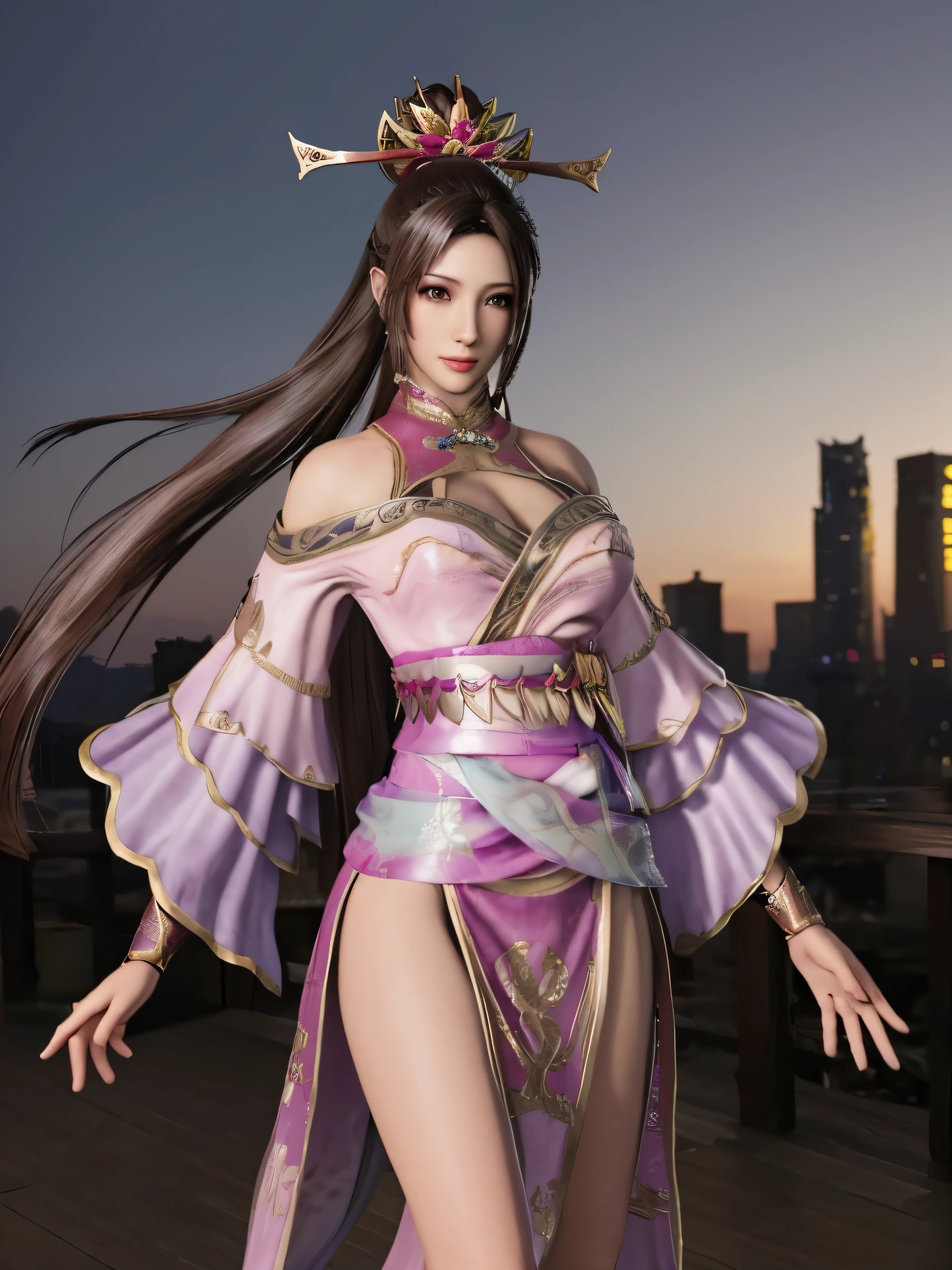 ZSWSdiaochan, 1girl, solo, brown hair, long hair, dress, breasts, clothing cutout, wrist cuffs, obi,headgear,flower,looking at viewer, jewelry,ponytail, cityscape, night, mature female,hand on hip,