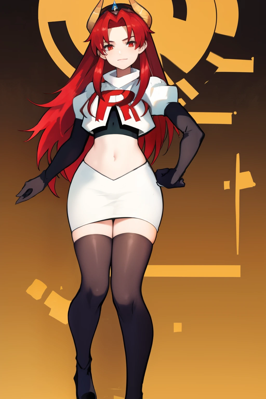 masterpiece, detailed, high quality, absurdres, zentreyad_dragon,red hair, team rocket,team rocket uniform, red letter R, white skirt,white crop top,black thigh-highs, black elbow gloves,