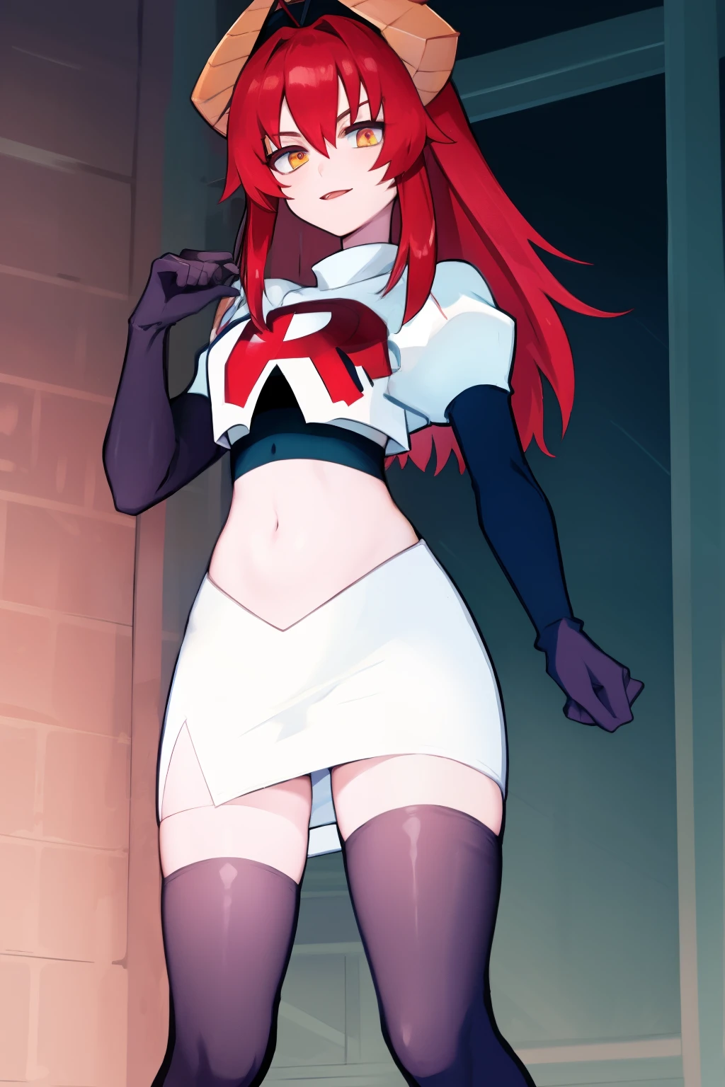 masterpiece, detailed, high quality, absurdres, zentreyad_dragon,red hair, team rocket,team rocket uniform, red letter R, white skirt,white crop top,black thigh-highs, black elbow gloves,