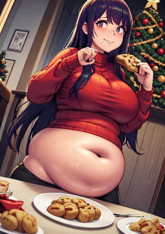 , very fat, safe for work, fat, large belly, standing, grabbing belly, very fat, large stomach, chubby (best quality, masterpiece), Ai hoshino safe for work, obese, giant belly, fat, huge, heavy, very fat, safe for work, fat, large belly, standing, grabbing belly, very fat, large stomach, chubby (best quality, masterpiece),Christmas, wearing sweater, eating, sitting down, table full of food, cookies, eating cookies, very fat, Christmas season, Christmas time, Christmas season, holidays, Christmas sweater,