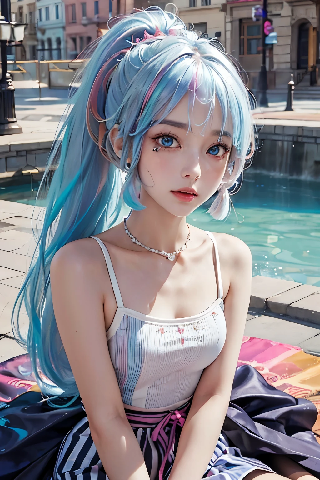 （Pink fashion T-shirt：1.9），Blue-white hair, high ponytail（There are two strands of white hair on both sides of the ears，Colored headband）, （Draw an ing：1.6），street, lights, big eyes, crystal clear eyelue-white high ponytail：1.7）, Exquisite makeup, shut up,(Little fresh: 1.5),(: 1.6) ，long eyelashes, Pink off-bshoulder T-shirt, pink miniskirt，looking at the audience（Laughing happily）, 水汪汪的big eyes, (rainbow colored hair：1.6), 色彩飞splash, （alone：1.8）, 色彩飞splash, Color explosion, Thick draw a Style, Messy lines, ((shining))，(rich and colorful), (rich and colorful), (rich and colorful), rich and colorful, Thick draw a Style, (splash) (Color splash), Vertical Draw an ing, upper part of body, 画一 splash, acrylic paint, Highest image quality, best quality, masterpiece, alone, depth of field, Face draw one, rich and colorful clothes, (elegant: 1.2), gorgeous one,long blue white hair, wind, (elegant: 1.etal: 1.4)，(((masterpiece))),(((best quality))),((Super detailed)),(light),(dynamic angle),((floating)),((disheveled hair)),(alone),(1 girl) , (((Detailed face Beautiful detailed face)),collar,bshoulder,((rich and colorful hair)),((striped hair)),beautiful eyes,(Poe color eyes),(((rich and colorful eyes))),(((rich and colorful background))),(((high saturation))),(((surrounded by rich and colorful splashes))),