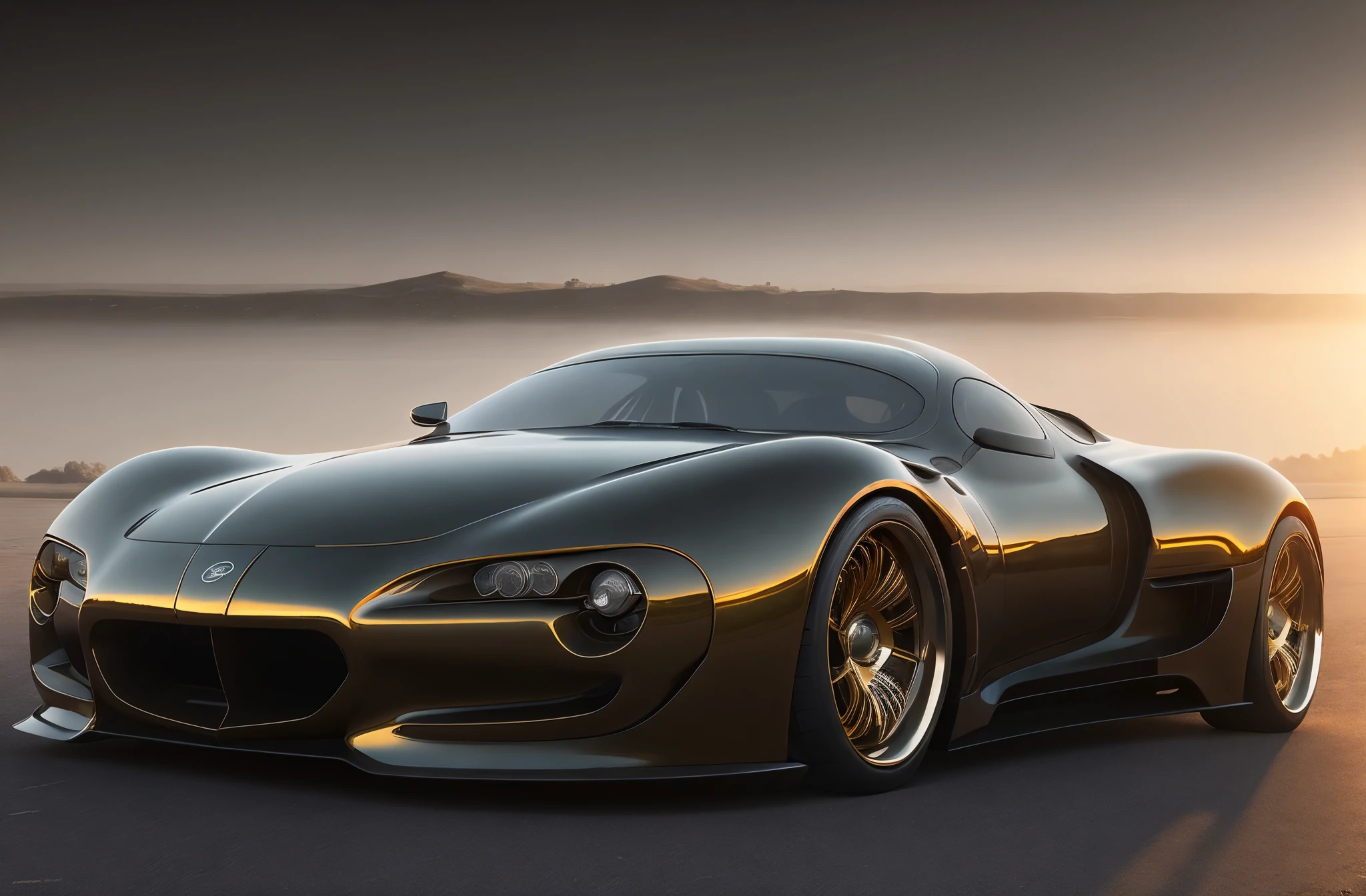 1940's wild concept car ideas, Photo realistic future supercar design by Leonardo DaVinci, Masterpiece, low styling with starry headlights in black and gold patterns with lilies, side view portrait, 16k resolution concept art portrait by Leonardo DaVinci, intricate details, highly detailed;, dynamic lighting hyperdetailed intricately detailed, filagree, DaVinci knots, Splash art trending on Artstation triadic colors Unreal Engine 5 volumetric lighting, whole car intertwined body panels, overlay, inspiring to car designers, car photography, evening light, wild concept ideas.