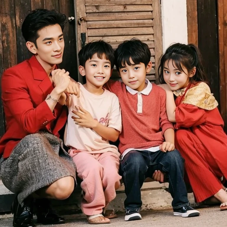 ahandsome man and multiple kids , kids goping man