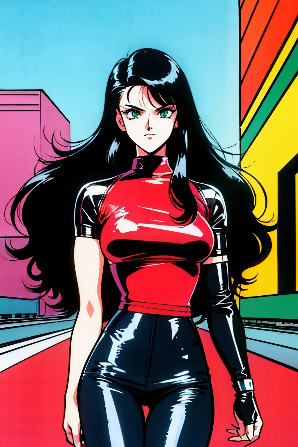 1990s (style), 1980s (style), retro artstyle, a girl, long black hair, green eyes, wavy hair, biker clothes,  cyberpunk, 2077, best quality, masterpiece.
