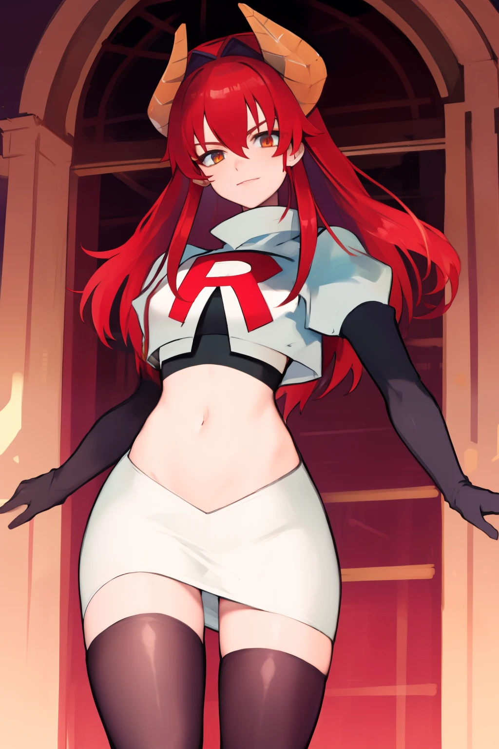 masterpiece, detailed, high quality, absurdres, zentreyad_dragon,red hair, team rocket,team rocket uniform, red letter R, white skirt,white crop top,black thigh-highs, black elbow gloves,