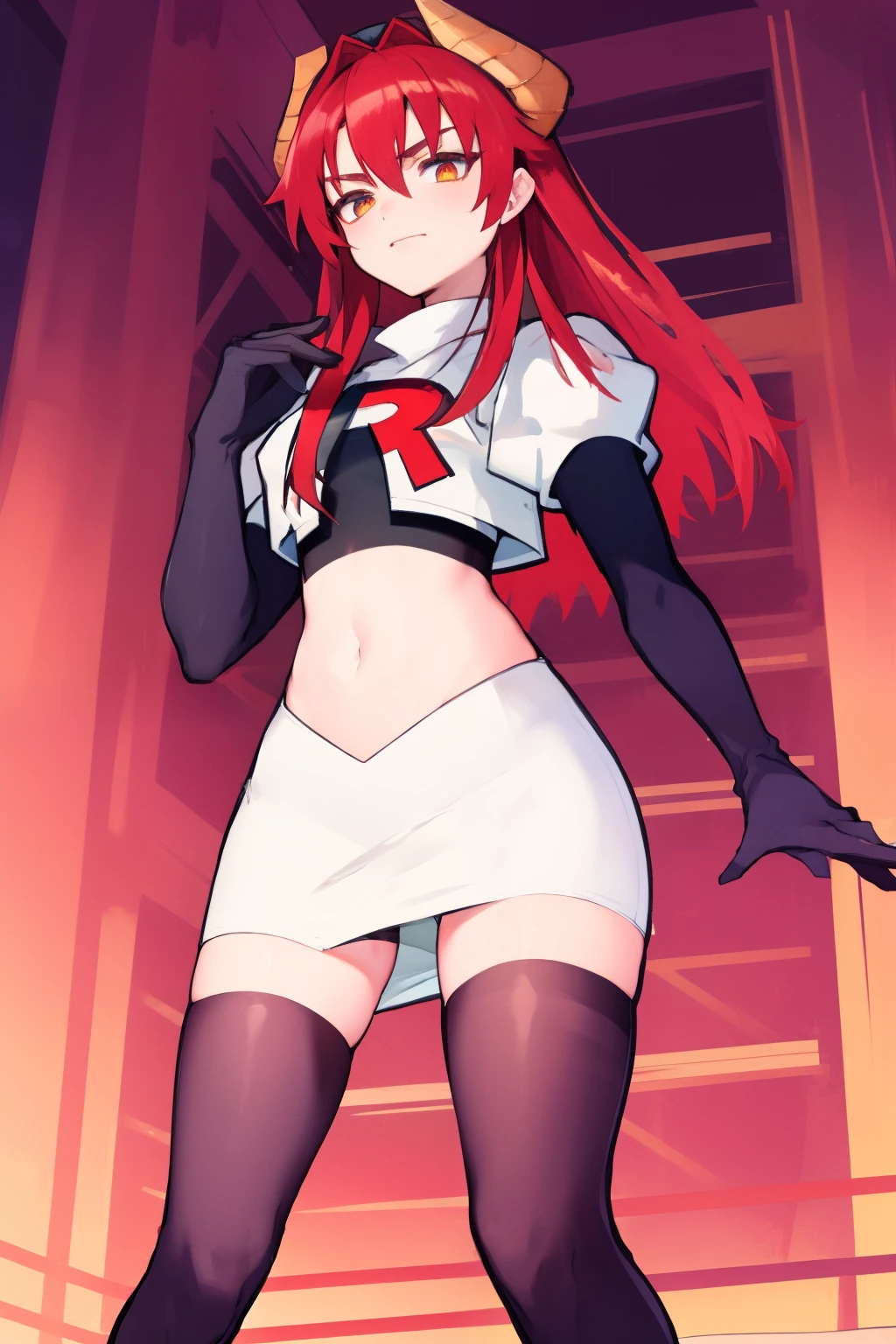 masterpiece, detailed, high quality, absurdres, zentreyad_dragon,red hair, team rocket,team rocket uniform, red letter R, white skirt,white crop top,black thigh-highs, black elbow gloves,