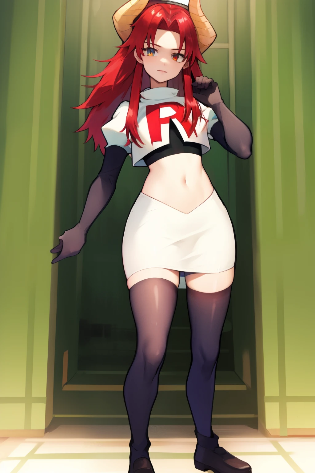 masterpiece, detailed, high quality, absurdres, zentreyad_dragon,red hair, team rocket,team rocket uniform, red letter R, white skirt,white crop top,black thigh-highs, black elbow gloves,