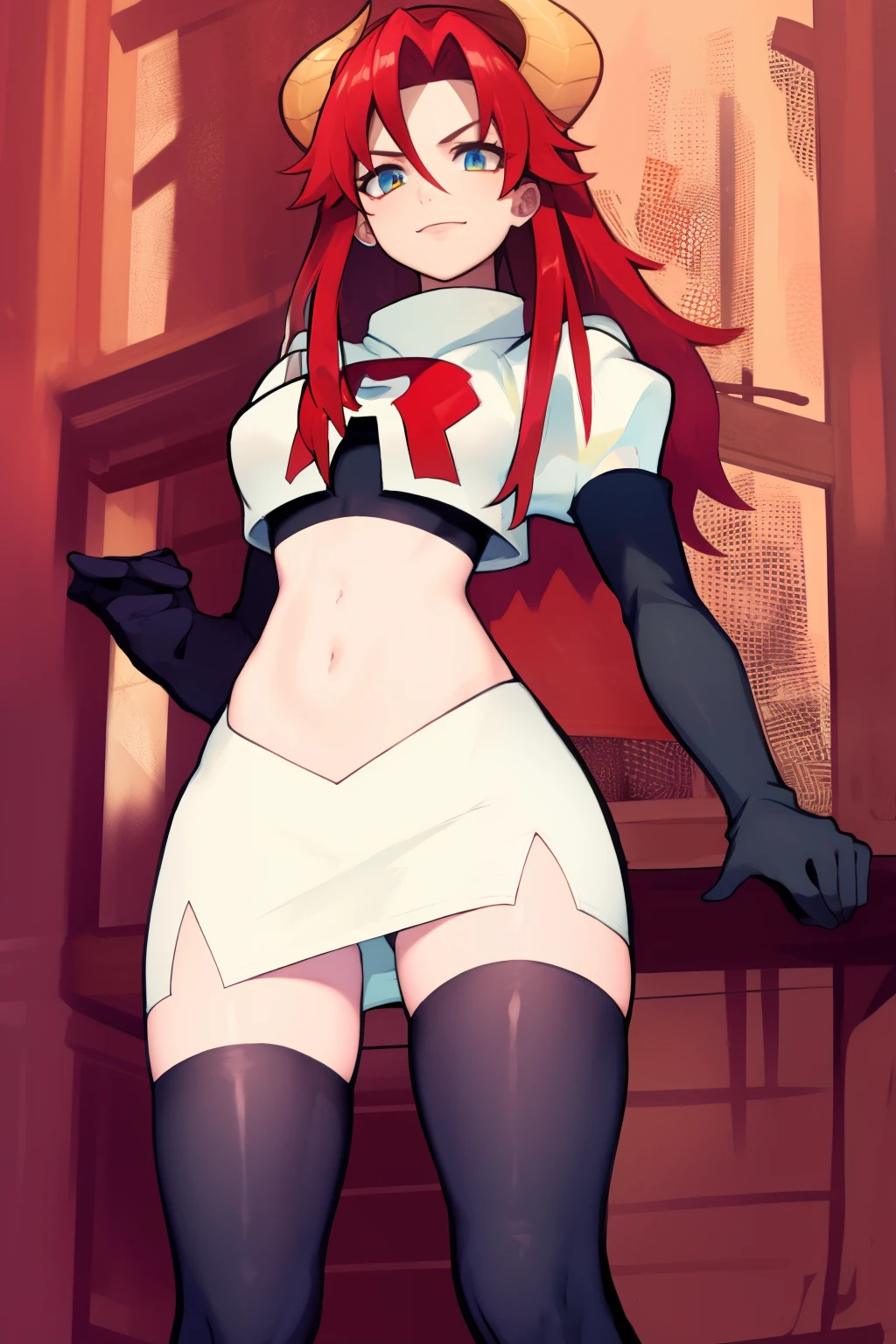 masterpiece, detailed, high quality, absurdres, zentreyad_dragon,red hair, team rocket,team rocket uniform, red letter R, white skirt,white crop top,black thigh-highs, black elbow gloves,