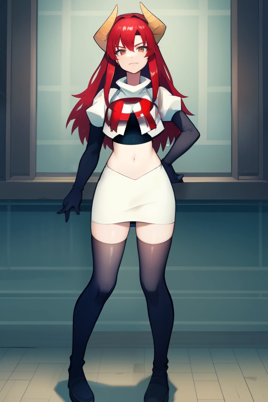 masterpiece, detailed, high quality, absurdres, zentreyad_dragon,red hair, team rocket,team rocket uniform, red letter R, white skirt,white crop top,black thigh-highs, black elbow gloves,