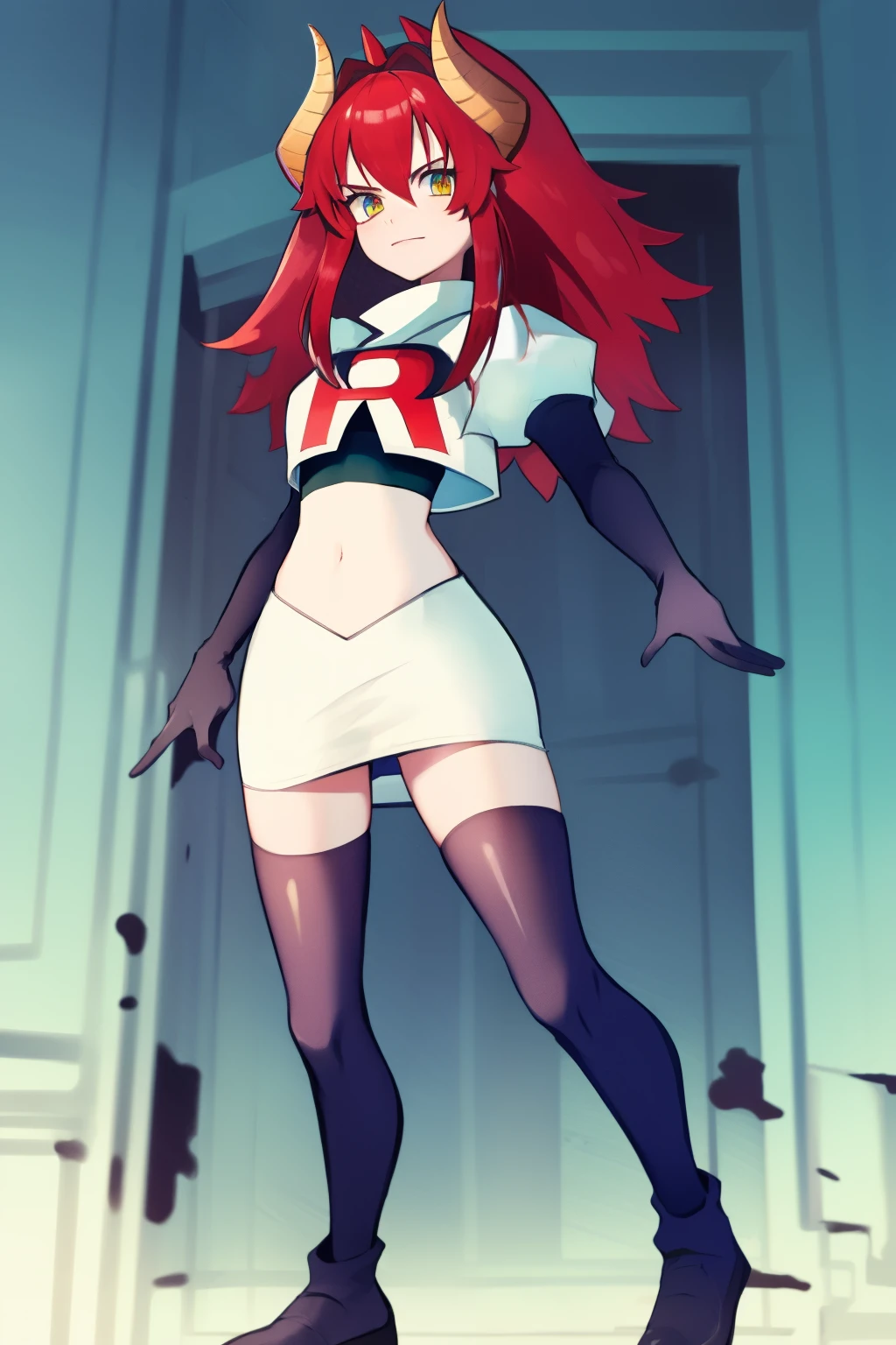 masterpiece, detailed, high quality, absurdres, zentreyad_dragon,red hair, team rocket,team rocket uniform, red letter R, white skirt,white crop top,black thigh-highs, black elbow gloves,