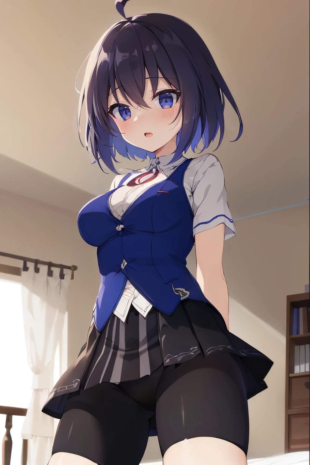 1 girl, best quality, ultra high res, ahoge, Seele Vollerei, looking at viewers, medium breast, standing, smile, open mouth, azure memories, short sleeves, Bike Shorts, bedroom, white bed sheets, pov, Skirt, Bike Shorts Under Skirt, Bike Shorts Detailed, HDR, chest tatto, skirt hold