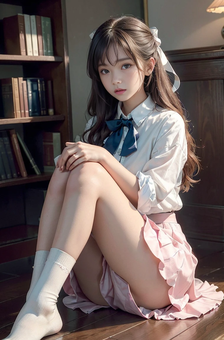 woman, (high top faded: 1.3), (low(low)), (soft focus), HD, masterpiece, HD, HD, 8K, 超HD, Very realistic shadows, Surreal, dramatic lighting, 5 girls, Lie together, Detailed face, lifelike眼睛, lifelike皮肤, dynamic hair, dynamic poses, dynamic angle, (Pink shirt), (dark blue bow tie) , (((Dark blue long skirt)))), ((White long barrel))), Swimming pool background, (original photo: 1.2), (lifelike: 1.4), beautiful and delicate woman, Extremely detailed eyes and face, beautiful and delicate eyes, File size huge, Very detailed的, high resolution, Very detailed, best quality, (bright interior), (soft light), (low对比度), ( see deeply), (Portrait of a beautiful woman illuminated by soft light), (Very delicate and elegant depiction), (short bangs), (Head color dark chestnut,Slightly brownish), (Subtle and silky waves), (long hair两侧错综复杂地编织小辫子), ((White long barrel))), illustration, Very detailed, BAPV, Unite, 8k wallpaper, Astonishing, Exquisite details, best quality, Highly detailed integrated 8K wallpapers so far this year, Coordinating Minister, movie light, 5 girls, 12 years ol(camel toe), (half), (Sit on bent knees and legs)), long hair, dark theme, soothing tone, pastel colors, high contrast, (natural skin texture, Surreal, soft light, No耐烦), Immerse yourself in the serene beauty of the library’s peaceful atmosphere.. Soft diffused light gently illuminates their features., It emphasizes their sophisticated appearance and creates a calm atmosphere. Library shelves filled with books,Provide background on knowledge and wisdom. It focuses on capturing models'Natural charm and elegance, Stay calm and consider the nature of the moment. Cute 12 year old Japanese gravure model,Soft body, gray brown wavy hair, Decorate with ribbon, charming appearance. Wearing a frilly pink shirt, Blue ruffled skirt and white ruffled socks. Climbing on the ground, hug the knees,Staring at the camera, Exudes melancholy charm. Create scenes where beauty and ephemerality intertwine, National Science Foundation