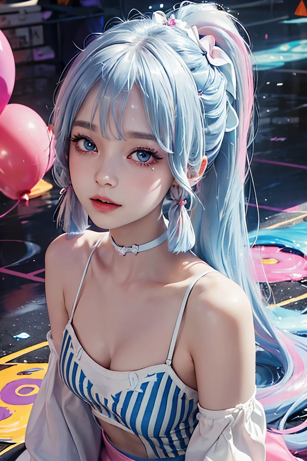 （Pink fashion T-shirt：1.9），Blue-white hair, high ponytail（There are two strands of white hair on both sides of the ears，Wear pink headbands on both sides of the ears）, （Draw an ing：1.6），street, lights, big eyes, crystal clear eyelue-white high ponytail：1.7）, Exquisite makeup, shut up,(Little fresh: 1.5),(: 1.6) ，long eyelashes, Pink off-bshoulder T-shirt, pink miniskirt，looking at the audience（Laughing happily）, 水汪汪的big eyes, (rainbow colored hair：1.6), 色彩飞splash, （alone：1.8）, 色彩飞splash, Color explosion, Thick draw a Style, Messy lines, ((shining))，(rich and colorful), (rich and colorful), (rich and colorful), rich and colorful, Thick draw a Style, (splash) (Color splash), Vertical Draw an ing, upper part of body, 画一 splash, acrylic paint, Highest image quality, best quality, masterpiece, alone, depth of field, Face draw one, rich and colorful clothes, (elegant: 1.2), gorgeous one,long blue white hair, wind, (elegant: 1.etal: 1.4)，(((masterpiece))),(((best quality))),((Super detailed)),(light),(dynamic angle),((floating)),((disheveled hair)),(alone),(1 girl) , (((Detailed face Beautiful detailed face)),collar,bshoulder,((rich and colorful hair)),((striped hair)),beautiful eyes,(Poe color eyes),(((rich and colorful eyes))),(((rich and colorful background))),(((high saturation))),(((surrounded by rich and colorful splashes))),