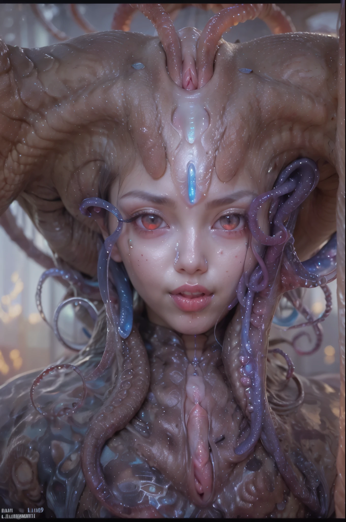 scary and sexy detailed art in color, Portrait, (beautiful and obscene female alien:1.4), (vulgarity1.5), (she has red eyes with no pupils:1.8), (Translucent skin:1.7), ((There is a female genital-like organ in the middle of the forehead:1.9)), (The most beautiful face in the history of the universe:1.2),an evil gaze that seduces, (large mouth:1.1), (sharp teeth like a vampire:1.2), Full body portrait, (bio luminescent:1.5), (Smile wickedly:1.3), (sexypose:1.5), incredibly beautiful alien, (she has unparalleled beauty:1.5), No humans, cells are fused, (Lots of translucent tentacles:1.3) extraterrestrial, cell, bio image, best quality, 8K,In 4K_quality, High freshness, Dramatic Lighting, masutepiece:1.5,cinematic quality, detail up, (exquisite details:1.2), high resolution, High freshness, drawing faithfully, (Thick eyebrows:1.2), Beautiful eyes with fine symmetry,(Highly detailed face and eyes:1.2), Intimate face, (Super detailed skin quality feeling:1.4), perfect anatomy, (Beautiful toned body:1.5), (Moist skin:1.2), not wearing makeup, (dark circles:1.1), long canines, cinematic drawing of characters, ultra high quality model, cinematic quality, detail up, (exquisite details:1.2), high resolution, High freshness, drawing faithfully, official art, Unity 8K Wall , 8K Portrait, best quality, Very high resolution, ultra detailed artistic photography, midnight aura, unreal engine 5, Ultra Sharp Focus, art by Amano Yoshitaka, ArtGerm, Roisch, intricate artwork, best quality, masterpiece, ultra high resolution, (photos realistic:1.4), ultra realistic realism, dream-like, nautilus, Creation of fantasy, Snail, Dream Snail, (biopunk nautilus:1.3),Thrilling color schemes, ultra realistic realism, seductively smiling, Blue tentacles,