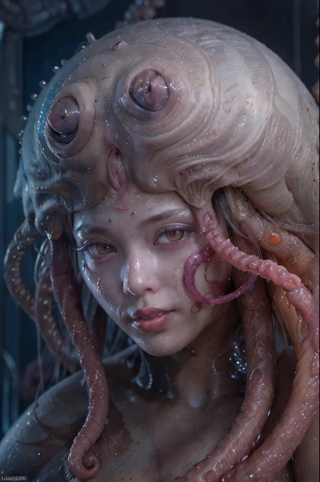 scary and sexy detailed art in color, Portrait, (beautiful and obscene female alien:1.4), (vulgarity1.5), (she has red eyes with no pupils:1.8), (Translucent skin:1.7),  ((There is a female genital-like organ in the middle of the forehead:1.9)), (The most beautiful face in the history of the universe:1.2),an evil gaze that seduces, (large mouth:1.1), (sharp teeth like a vampire:1.2), Full body portrait, (bio luminescent:1.5), (Smile wickedly:1.3),  (sexypose:1.5), incredibly beautiful alien, (she has unparalleled beauty:1.5),  No humans, cells are fused, (Lots of translucent tentacles:1.3) extraterrestrial, cell, bio image, best quality, 8K,In 4K_quality, High freshness, Dramatic Lighting, masutepiece:1.5,cinematic quality, detail up, (exquisite details:1.2), high resolution, High freshness, drawing faithfully, (Thick eyebrows:1.2), Beautiful eyes with fine symmetry,(Highly detailed face and eyes:1.2), Intimate face, (Super detailed skin quality feeling:1.4), perfect anatomy,  (Beautiful toned body:1.5),  (Moist skin:1.2), not wearing makeup, (dark circles:1.1), long canines, cinematic drawing of characters, ultra high quality model, cinematic quality, detail up, (exquisite details:1.2), high resolution, High freshness, drawing faithfully, official art, Unity 8K Wall  , 8K Portrait, best quality, Very high resolution, ultra detailed artistic photography, midnight aura,  unreal engine 5, Ultra Sharp Focus, art by Amano Yoshitaka, ArtGerm, Roisch, intricate artwork, best quality, masterpiece, ultra high resolution, (photos realistic:1.4), ultra realistic realism, dream-like, nautilus, Creation of fantasy, Snail, Dream Snail, (biopunk nautilus:1.3),Thrilling color schemes, ultra realistic realism, seductively smiling, Blue tentacles, 