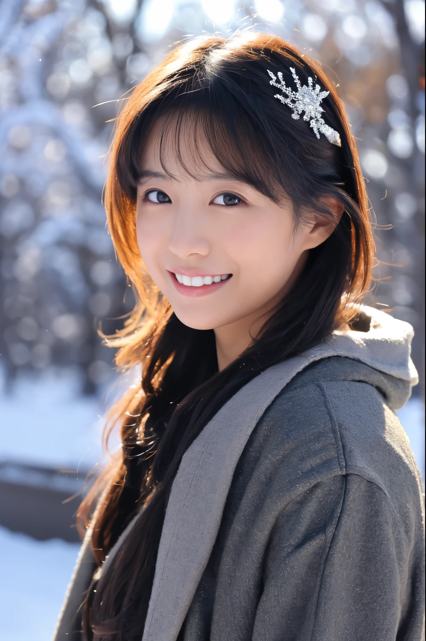 Slender Japanese woman looking at the camera、cute face、smile、Snow in the background、High resolution、High-definition images