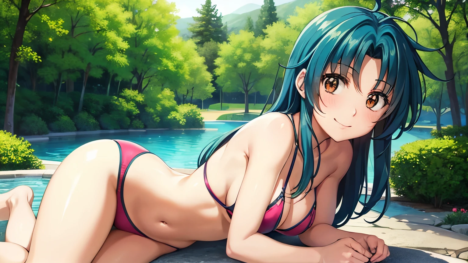 kanamechidori, completamente desnuda, ligera sonrisa, piscina en un bosque, 1girl, 