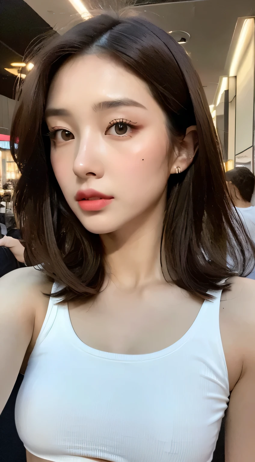 ((Realistic lighting, best quality, 8k, masterpiece: 1.3)), light focus: 1.2, 1 girl, Perfect body: 1.4, slim abs: 1.1, ((dark brown hair)), (white crop top: 1.4), (outdoor, night: 1.1), city street, Super face slimming, thin eyes, double eyelids, bodybuilding and bodybuilding, Geek twerk style dress, elegant features, The body characteristics of a perfect model,  The characteristics are obvious, Geek Skinny Fashion Clothes