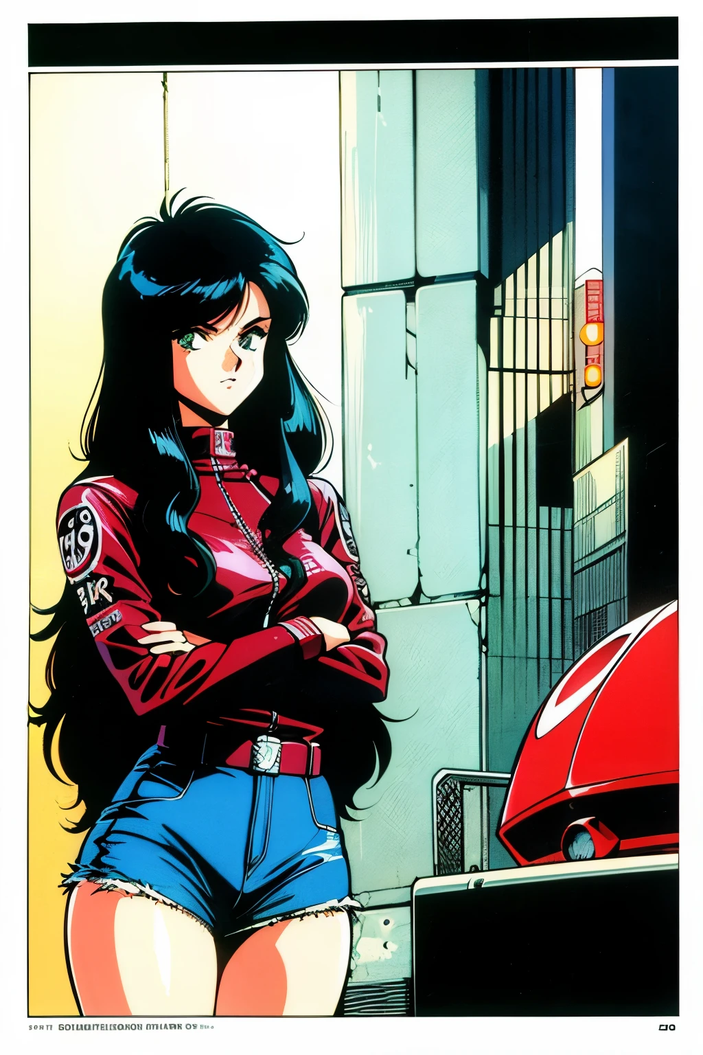 1990s (style), 1980s (style), retro artstyle, a girl, long black hair, green eyes, wavy hair, biker clothes, cyberpunk, 2077, best quality, masterpiece.