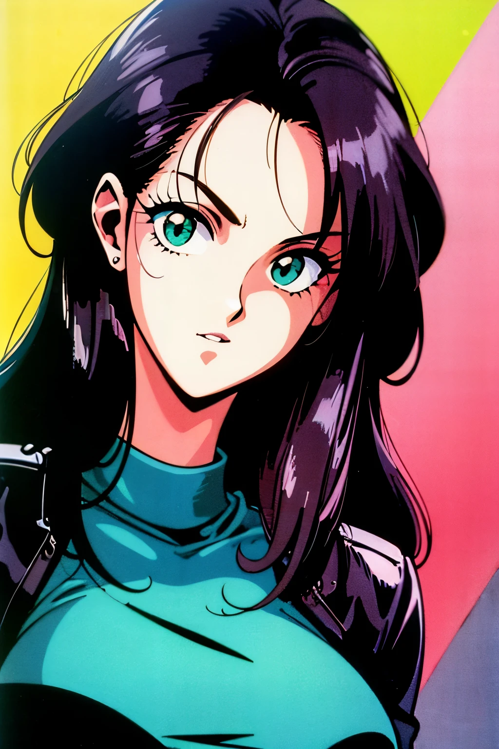 1990s (style), 1980s (style), retro artstyle, a girl, long black hair, green eyes, wavy hair, biker clothes, cyberpunk, 2077, best quality, masterpiece.