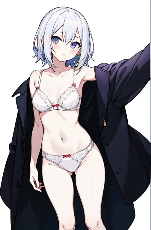 (((head out of frame))), Anime girl in lingerie takes selfie with mobile phone,, wearing bra, one hand on own chest, white background, white background, fashionable and trendy atmosphere, Revealing clothes, feet out of frame, white skin, anime style, Seductive Anime Girl,