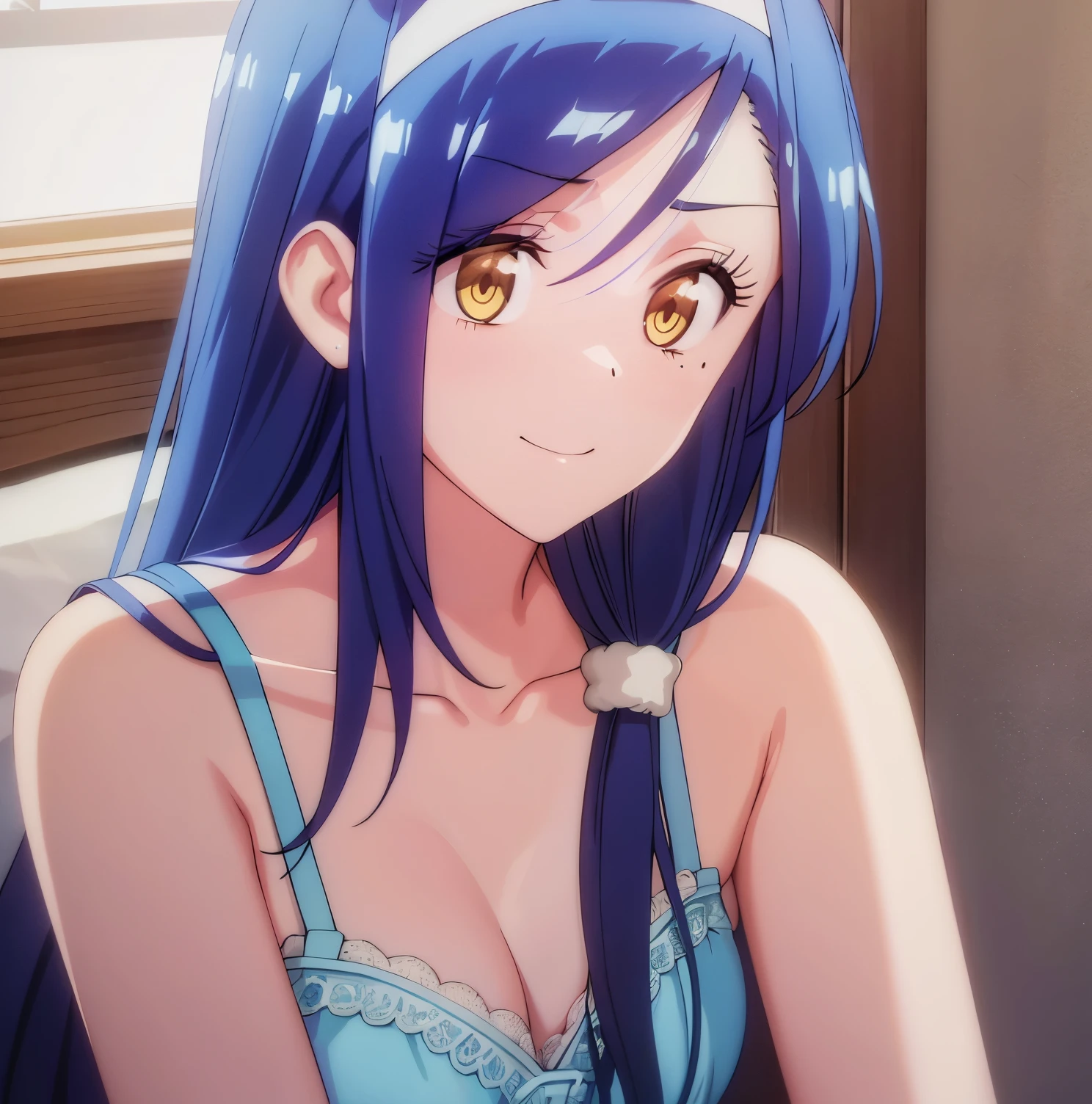 ((Best quality)), (ultra detailed), anime style, from bottom looking up, in bed, Cute girl, 1 girl in, bed, Alone, Fumino furuhashi, long hair, blue hair, yellow eyes, lingerie dark blue, blue lace bra, blue lace thong, small breasts, medium waist, medium hips, wide thighs, embarrassed, seductive, Smile, closed mouth, Acosta, looking at the viewer, pov ((from above)), good lighting ,night, window with exterior view