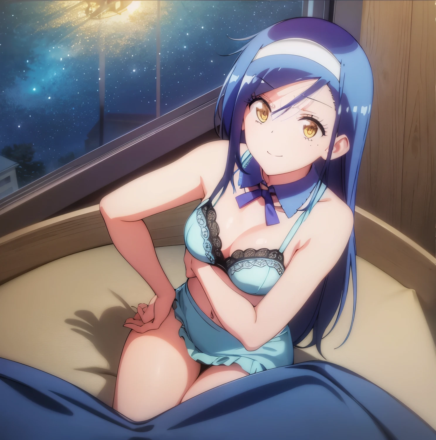 ((Best quality)), (ultra detailed), anime style, from bottom looking up, in bed, Cute girl, 1 girl in, bed, Alone, Fumino furuhashi, long hair, blue hair, yellow eyes, lingerie dark blue, blue lace bra, blue lace thong, small breasts, medium waist, medium hips, wide thighs, embarrassed, seductive, Smile, closed mouth, Acosta, looking at the viewer, pov ((from above)), good lighting ,night, window with exterior view