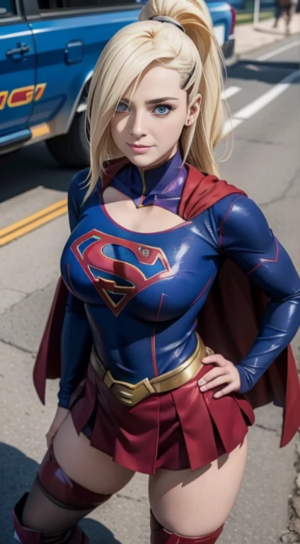 Yamanaka Ino, Superhero Supergirl, terno Supergirl, capa vermelha, S do super-homem, saia azul, botas vermelhas, Bela, foto de corpo inteiro, pose de modelo sexy, obra prima, extremamente detalhado, melhor qualidade, Athletic body, best ilumination, melhor sombra, rosto perfeito, blue eyes, seios enormes, cabelo loiro claro com a franja cobrindo um olho e um rabo de cavalo