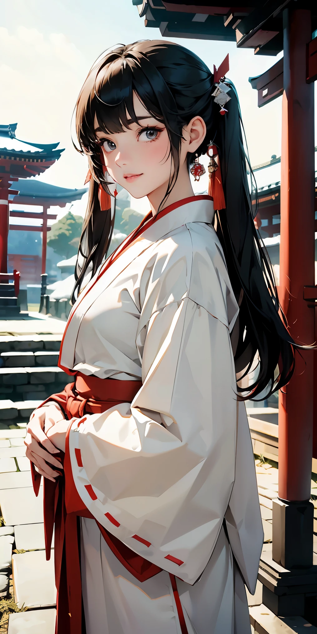 masterpiece、High resolution 8K、NSFW、sharp focus、contrast lighting、fine skin、 highest quality、ultra high resolution、ultra high resolution、Detailed CG、it&#39;s snowing、Former shrine of Japan、temple、Landscape with shrine torii gate、Low - Angle、full body shot、Beautiful woman、beautiful eyes、(detailed face and iace:1 2)、narrow eyes、almond eye、brown eyes、gradation eyes、highlight:1.2)、(beautiful black hair、middle、asymmetrical bangs、down fade、twin tails、hair ornaments)、(White and red priestess costume、japanese shrine maiden costume、white clothes、Crimson hakama、red hakama、White priestess costume)、(plump lips、glossy lips、small chest size) 、(oval face : 1.4)、(thin fingered arms、detailed human hand)、half-open smile、teeth visible、long shot