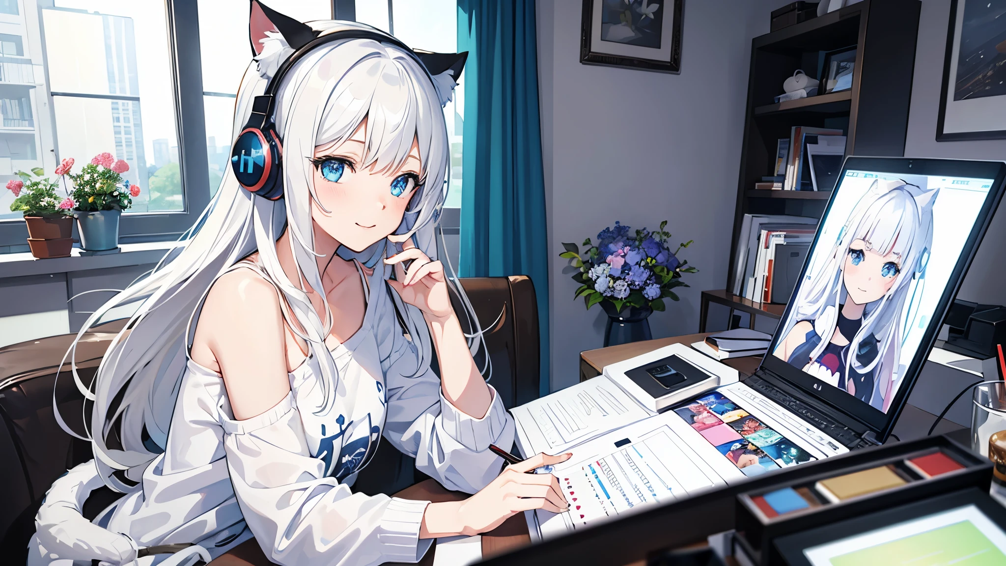 Create digital artwork in the anime style, a white woman in a cozy room, wears casual clothes, Movie color scheme, Vibrant brushstrokes, Drawing, illustration, blue eyes, studying, with cat ears, next to window, white Hair, 4K, High Quality, one person, Happy Face, surrounded by flowers, wearing a headphone, happy face