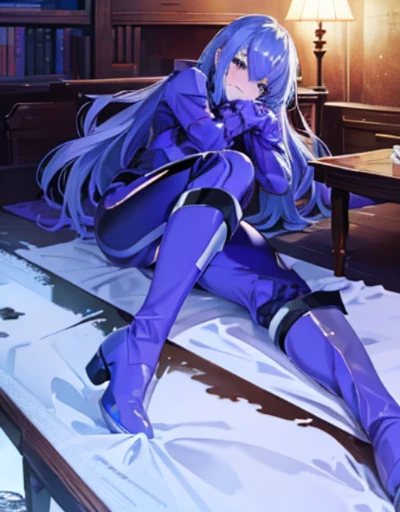 table top, highest quality,sleeping face up in bed，Crab crotch，please show me your boots，thigh high boots，glove，Strange thieves，elegant, 1 girl, muscular，cute, blushed, looking at the viewer, from below,body suit, prison，blue eyes, beautiful eyes, beautiful background, particles of light, Light of the sun, dramatic lighting, outside, shiny, realistic, table top, highest quality, super detailed, be familiar with, scenery, beautiful and fine eyes, fine hair