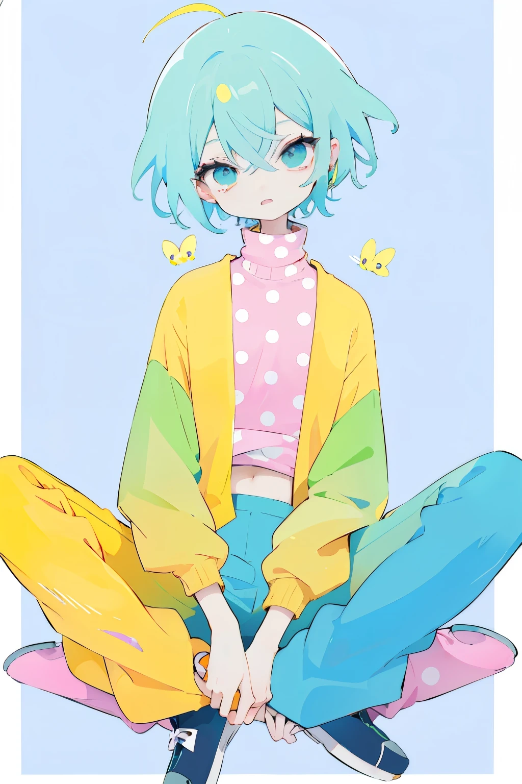 non gender anime person in slim body with an outfit of yellow sweater with pink polkadot and blue and green pants, psycho, cool pose, left crab arms, zooble, sit pose
