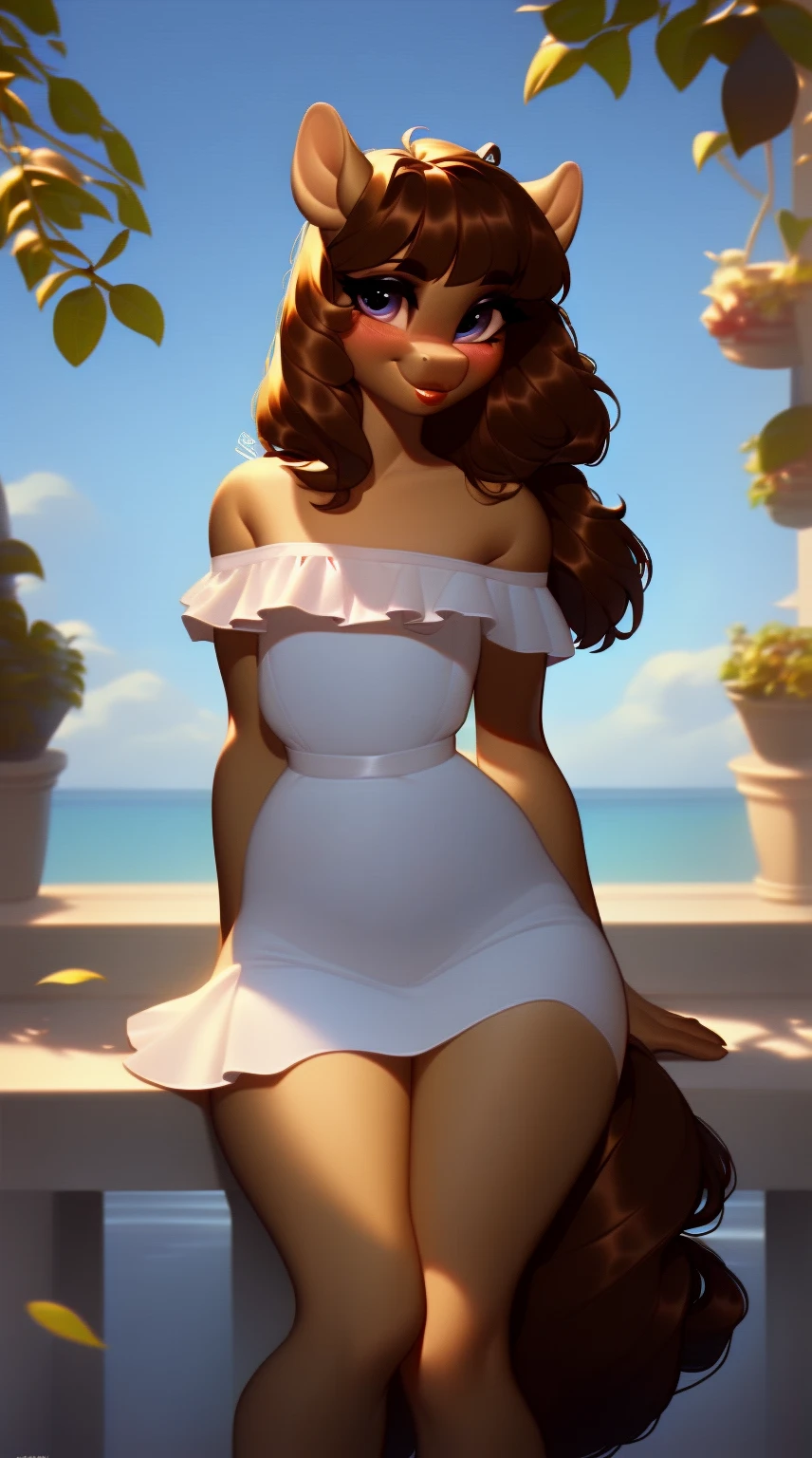 (score_9), (source_ derpibooru_p_95), (earth pony), ((anthro oc pony:1.1)), (shoulderless sun dress), very cute, blushing, cute smile, solo, realistic long brown hair, bangs, anatomically correct, flat chest, solo, curvy figure, high res, bottom lip, extremely detailed, teenager,