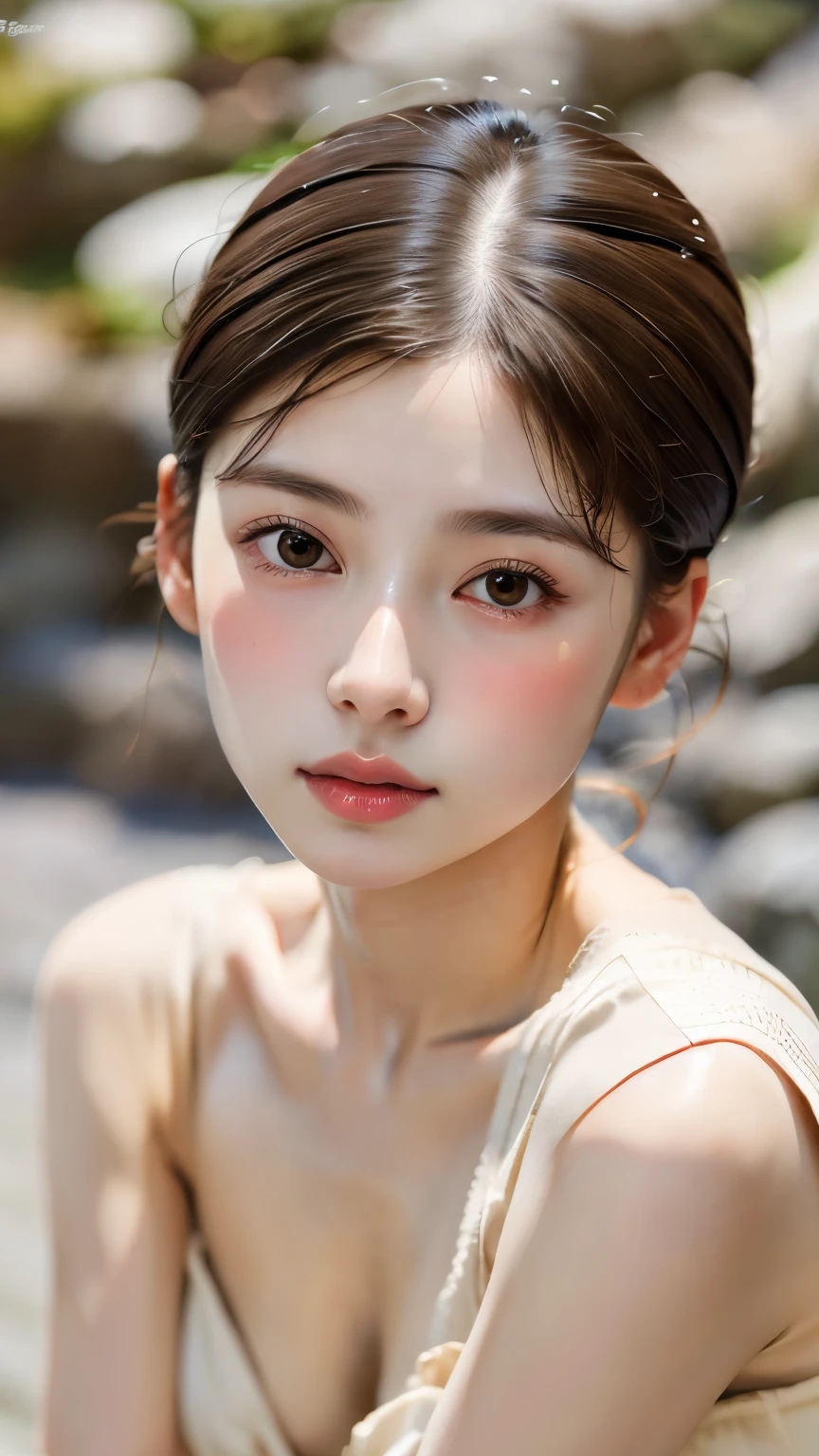 Blurred background、anatomy、7head and body、small face、detailed beautiful eyes、dark lips、detailed eyes and face、long eyelashes、1 girl、porcelain skin、soft and delicate features、short hair、An ennui look、elegant posture、Natural light、Impressionist painting style、great atmosphere、rosy cheeks、RAW、highest quality、high resolution、master piece:1.3、8k