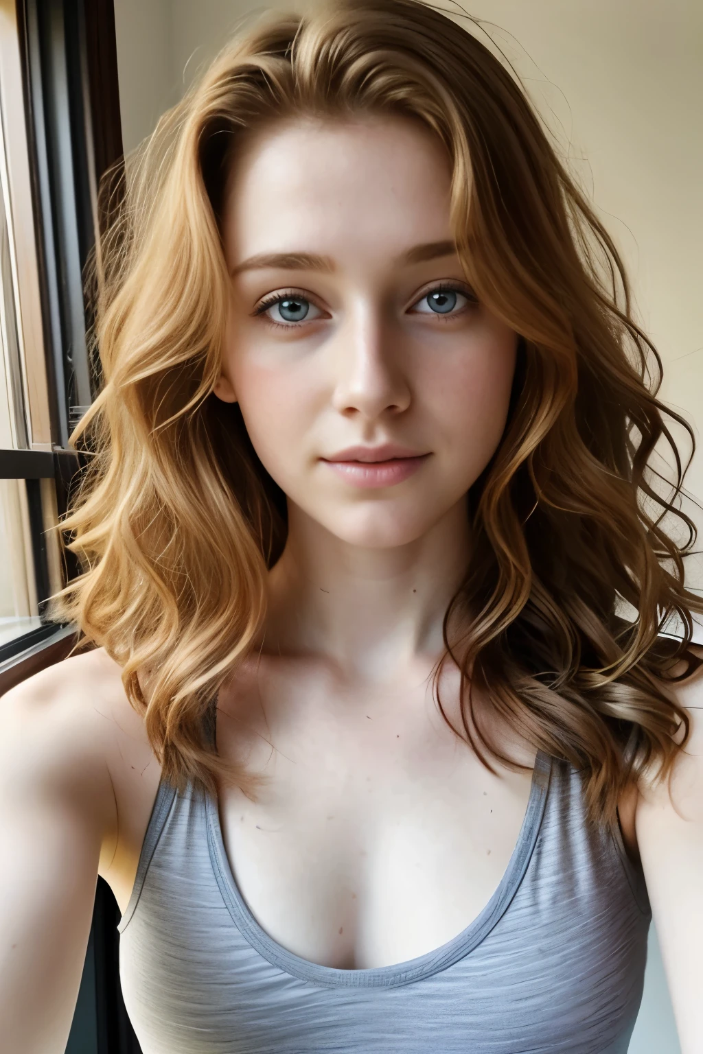 1girl in, 19, Solo, Aesthetic artwork, irish, wavy ginger hair, shoulder length hair, gray eyes, light grey eyes, pale skin, A-cup, small breasts, runners body, (textured skin, skin pores:1.1), goosebumps, selfie of young woman doing sexy yoga, Nude, nipple 