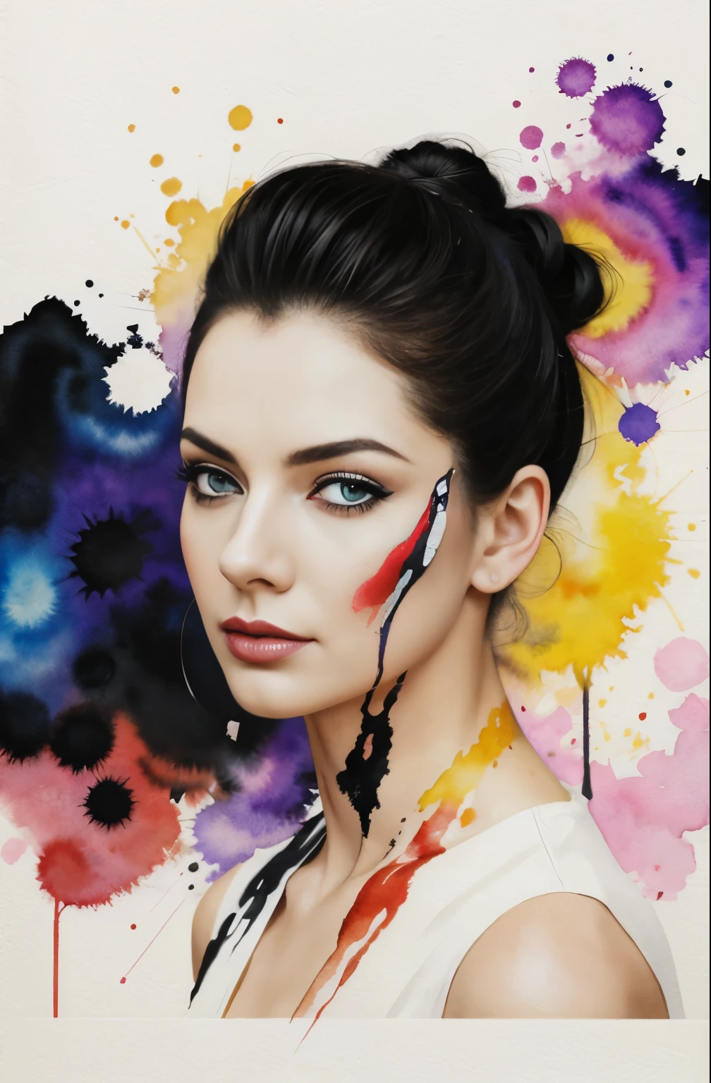 painting of a woman with a black and white face, Sylvia Pelissero watercolors, tumbler, abstract art, Intense watercolor painting, watercolor detailed art, Watercolor Splash, surreal, Avant-garde pop art, Beautiful and expressive paintings, Beautiful artwork illustration, very colorful tones, wonderful, cool beauty, highest quality,official art, women only, sharp outline, best shot, vector art, Written by Sandra Chevrier, Dave McKean、by Richard Avedon、Written by Makiezi Kusiala