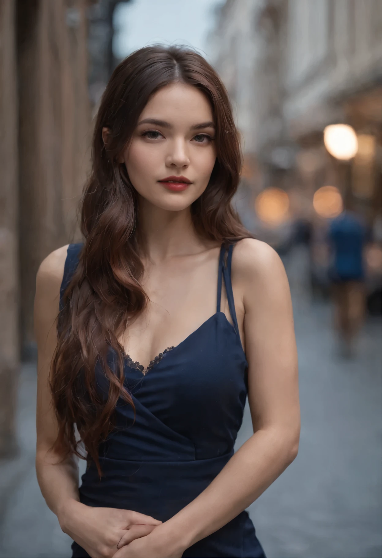 1 acian girl, long hair, city street, dark light, single focus, movie light, (Canon EOS 5D Mark IV Camera, Famous for capturing vibrant colors and rich textures:1.2), full body