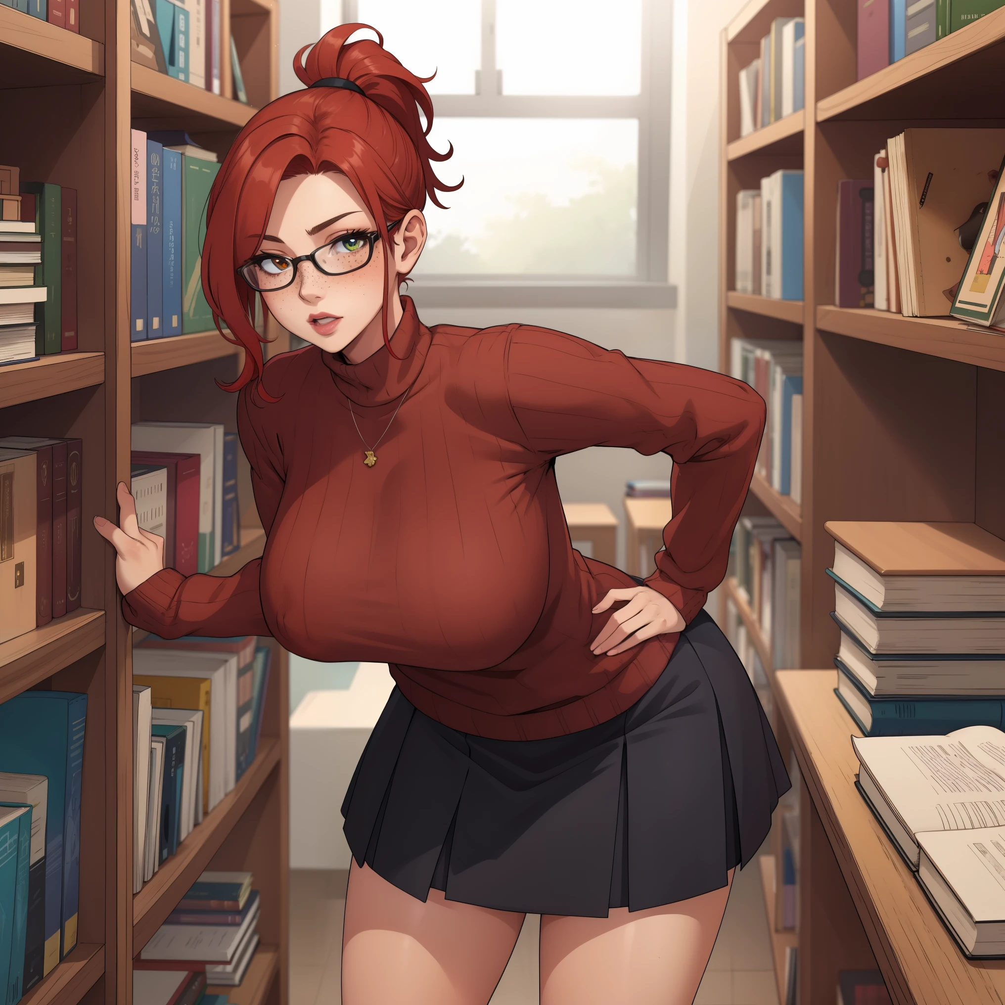 masterpiece, detailed, beautiful, 1girl, mature female, milf, red hair, freckles, librarian, ponytail, short skirt, sweater, library, books, bending over