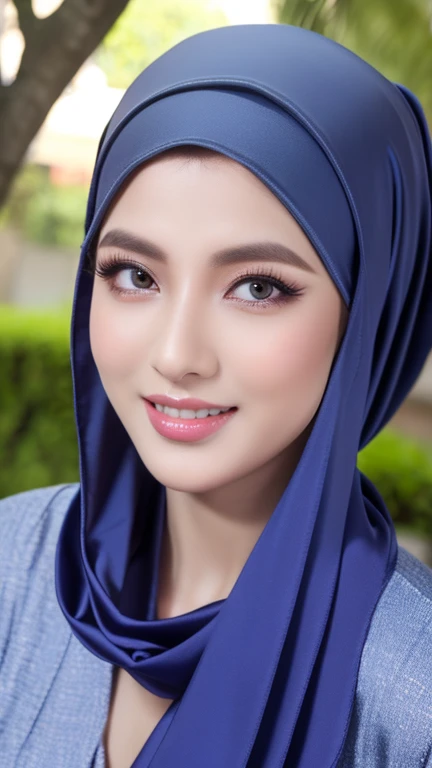 Masterpiece, realistic, best quality, best lighting, 1 pretty girl with angelic face, ((full bodyshot head to toe)), beautifully makeup, eyeshadow, Parted Lips, Detailed Eyes, beautiful big eyes, long eye lashes, smile, wearing ((Dark blue satin headscarf)), loosely tide hijab style, ((sexy clothes)), very big breast, dinning in the yard, (seducing, sexy pose)