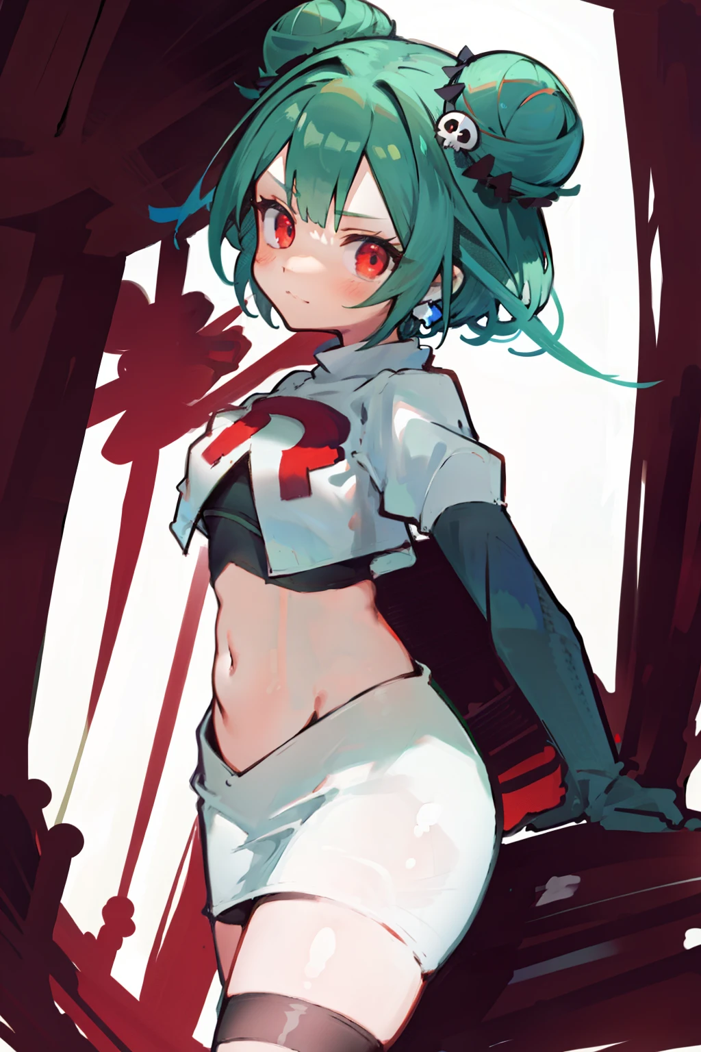 bluerushia, green hair, double bun, red eyes, short hair, blue bow, skull hair ornament, team rocket,team rocket uniform, red letter R, white skirt,white crop top,black thigh-highs, black elbow gloves,