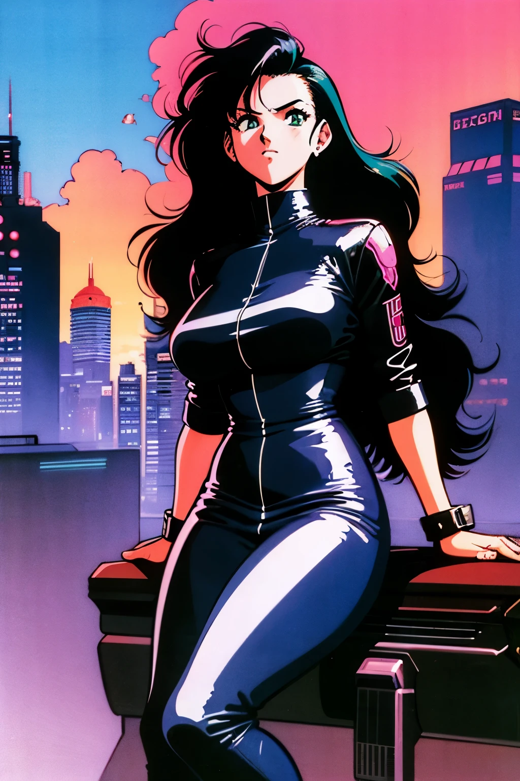 1990s (style), 1980s (style), retro artstyle, a girl, long black hair, green eyes, wavy hair, biker clothes,  cyberpunk, 2077, best quality, masterpiece.