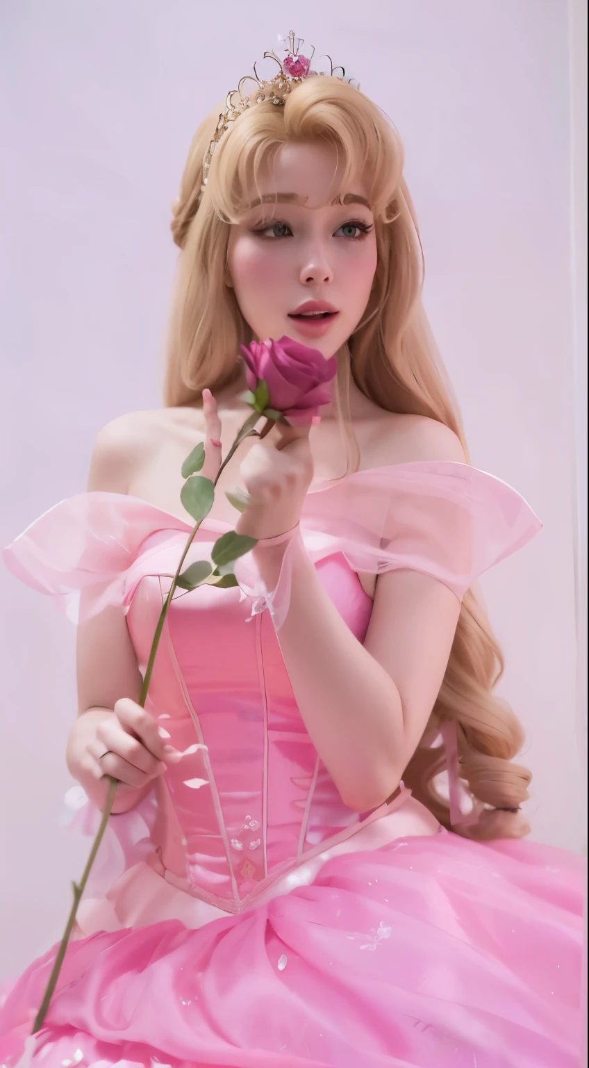 there  a woman in a pink dress holding a rose, sleeping beauty fairytale, beautiful princess, sleeping beauty, elegant glamourous , glamourous , wearing a pink ballroom gown, lovely languid princess, anime princess, blonde - haired princess, beautiful female princess, publicity , disney photo realistic, belle delphine, disney character, belle, princess peach)