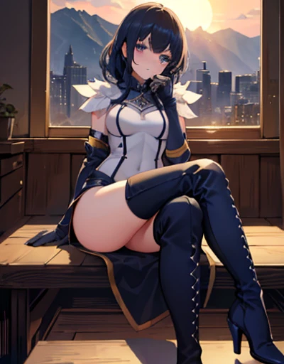 table top, highest quality,sleeping face up in bed,Crab crotch,please show me your boots,thigh high boots,glove,Strange thieves,elegant, 1 girl, muscular,cute, blushed, looking at the viewer, from below,body suit, prison,blue eyes, beautiful eyes, beautiful background, particles of light, Light of the sun, dramatic lighting, outside, shiny, realistic, table top, highest quality, super detailed, be familiar with, scenery, beautiful and fine eyes, fine hair