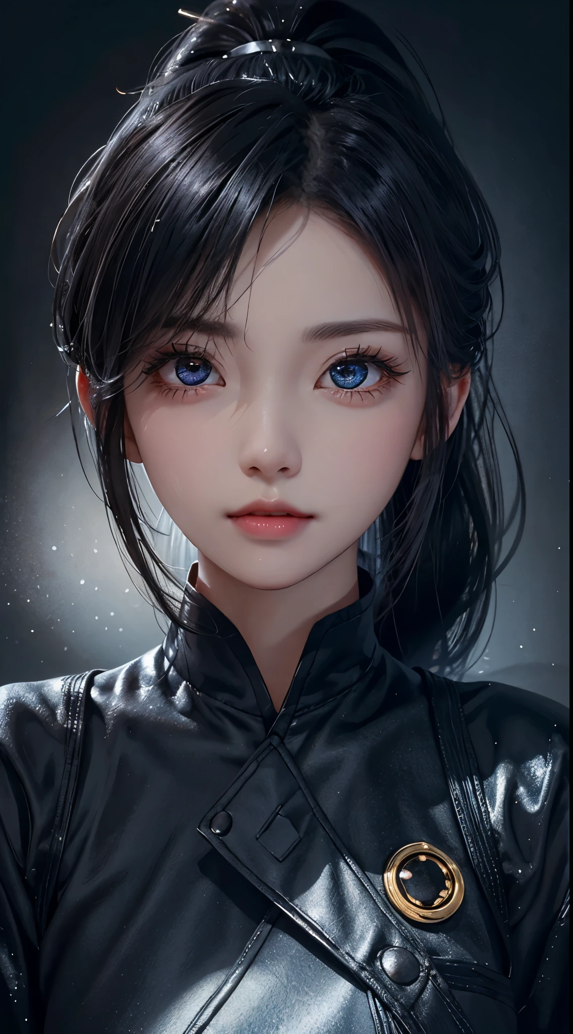 long eyelashes, solid round eyes, ponytail, Hair black and shiny, Color contact lenses, Surreal, shadow, relief, Stereo view, perspective, 大气perspective, 8k, Super details, precise, best quality,1 girl