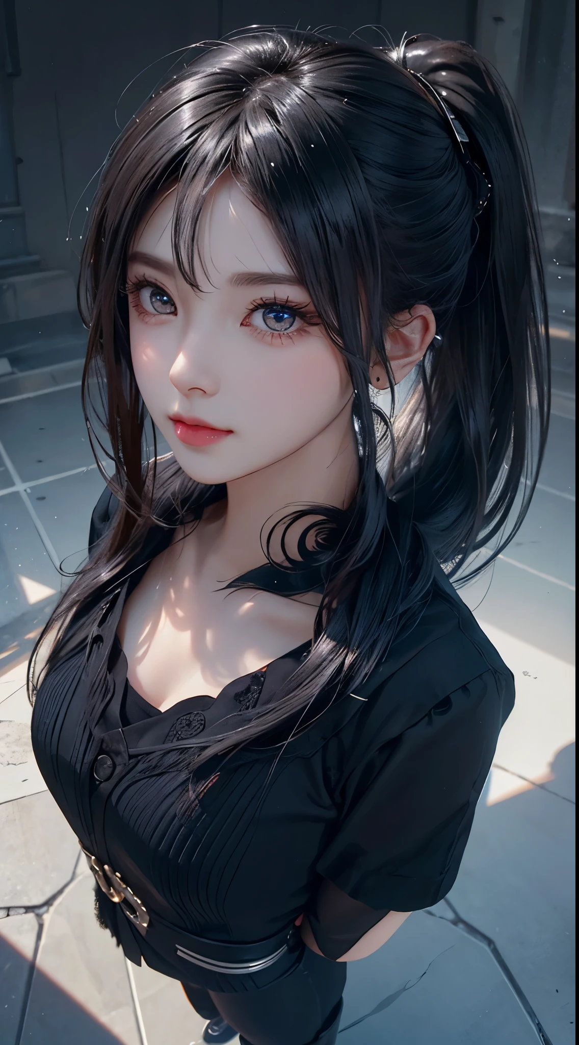 long eyelashes, solid round eyes, ponytail, Hair black and shiny, Color contact lenses, Surreal, shadow, relief, Stereo view, perspective, 大气perspective, 8k, Super details, precise, best quality,1 girl