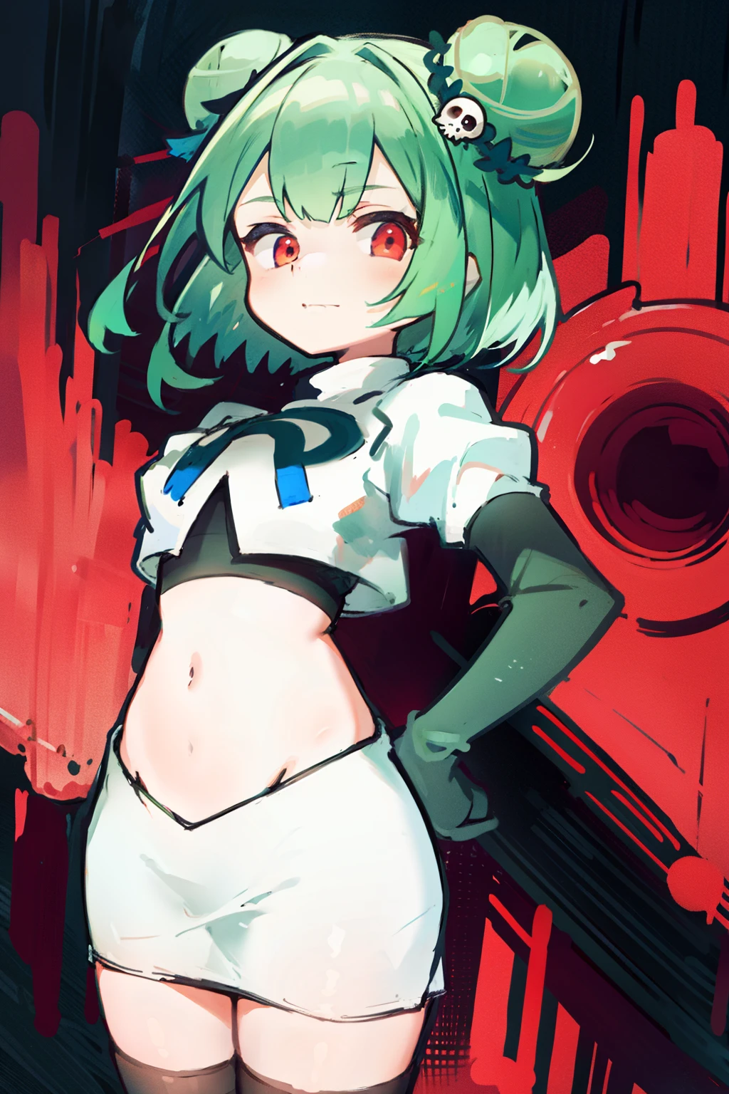 bluerushia, green hair, double bun, red eyes, short hair, blue bow, skull hair ornament, team rocket,team rocket uniform, red letter R, white skirt,white crop top,black thigh-highs, black elbow gloves,