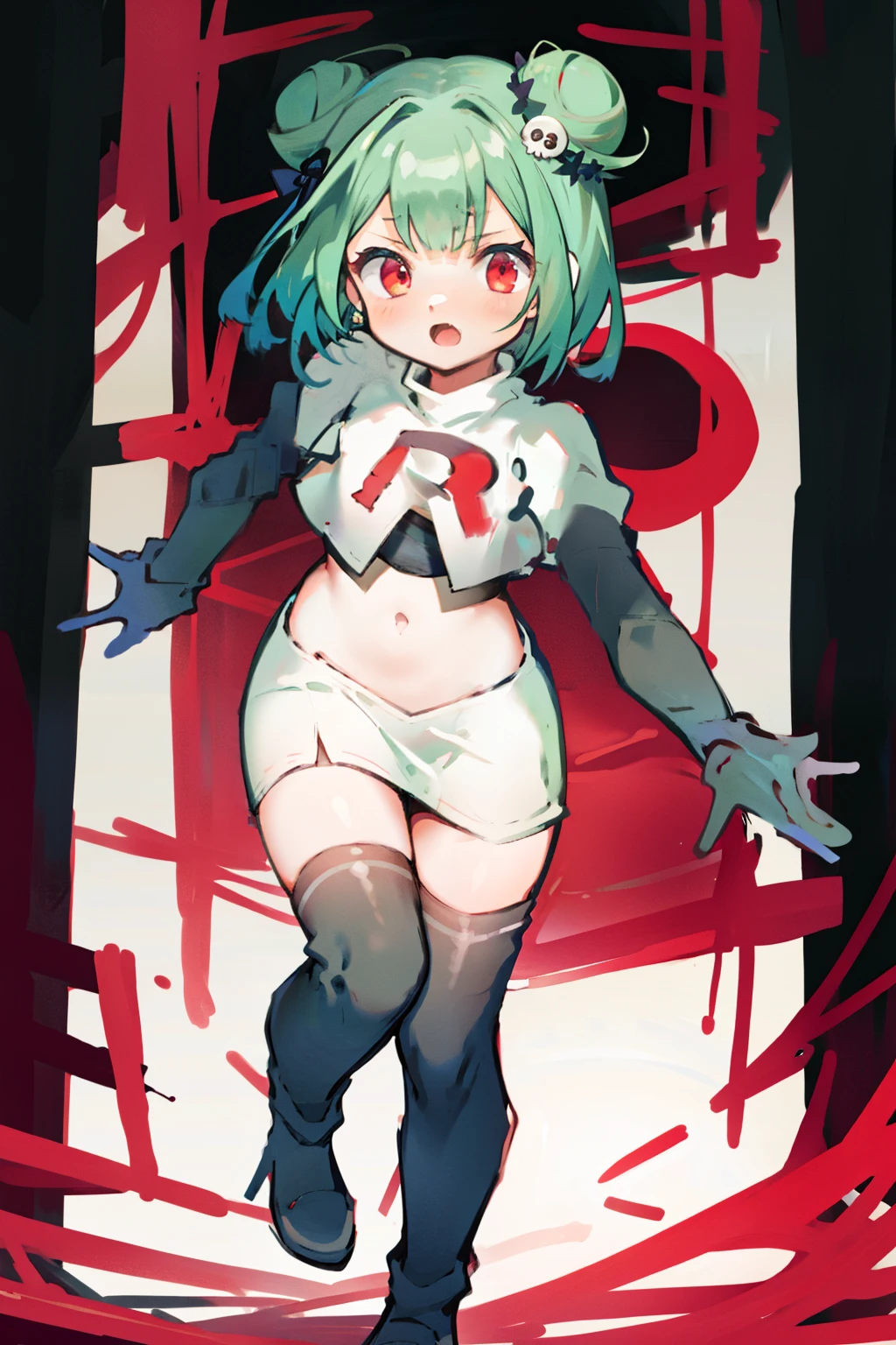 bluerushia, green hair, double bun, red eyes, short hair, blue bow, skull hair ornament, team rocket,team rocket uniform, red letter R, white skirt,white crop top,black thigh-highs, black elbow gloves,