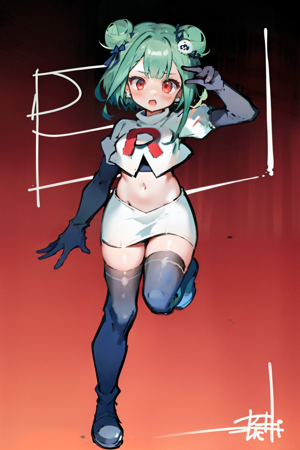 bluerushia, green hair, double bun, red eyes, short hair, blue bow, skull hair ornament, team rocket,team rocket uniform, red letter R, white skirt,white crop top,black thigh-highs, black elbow gloves,